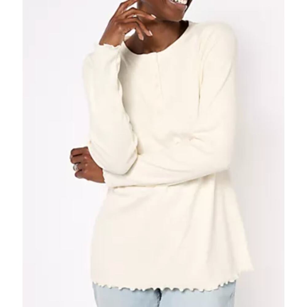 NWOT Isaac Mizrahi QVC Essentials Pima Cotton Rib Long Sleeve Top CREAM, Sz M